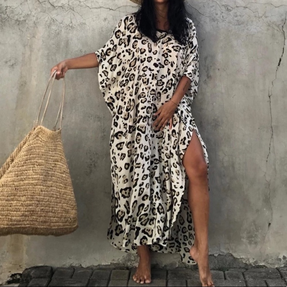 New Leopard Animal Print Bohemian Kaftan Kimono Dress Coverup - Picture 5 of 8
